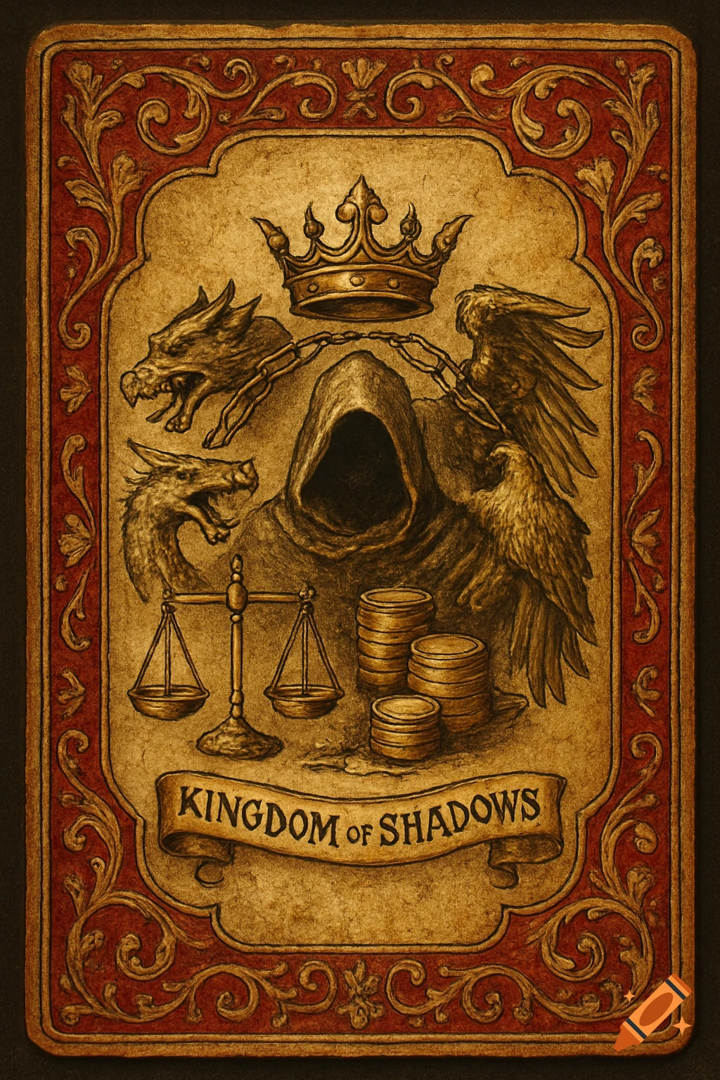 A dark fantasy-style medieval card with a hooded figure, crown, dragon heads, eagle, scales, and coins on an aged parchment background with a red ornamental border. Text reads 'KINGDOM OF SHADOWS'.