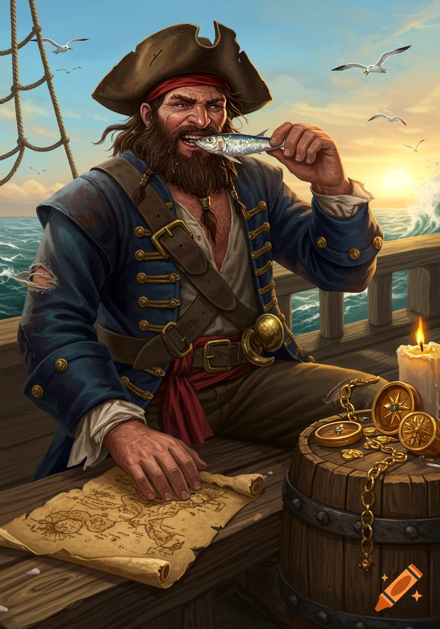 A bearded pirate in a blue coat on a ship's deck, eating a fish, with a treasure map and compasses nearby. Stylized art.