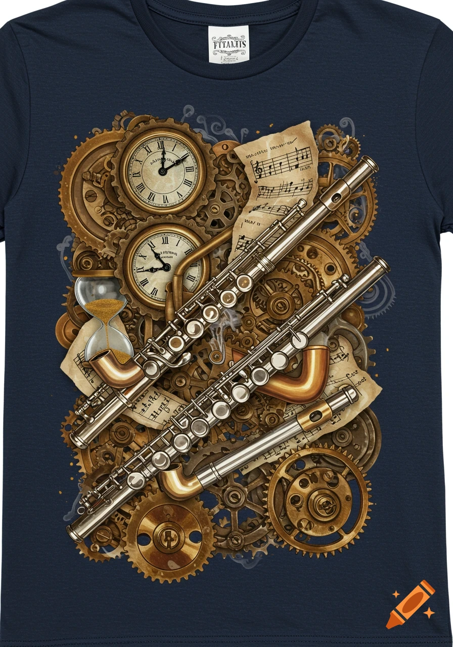 A steampunk T-shirt design with silver flutes, brass gears, cogs, clocks, hourglasses, and sheet music on a navy background.