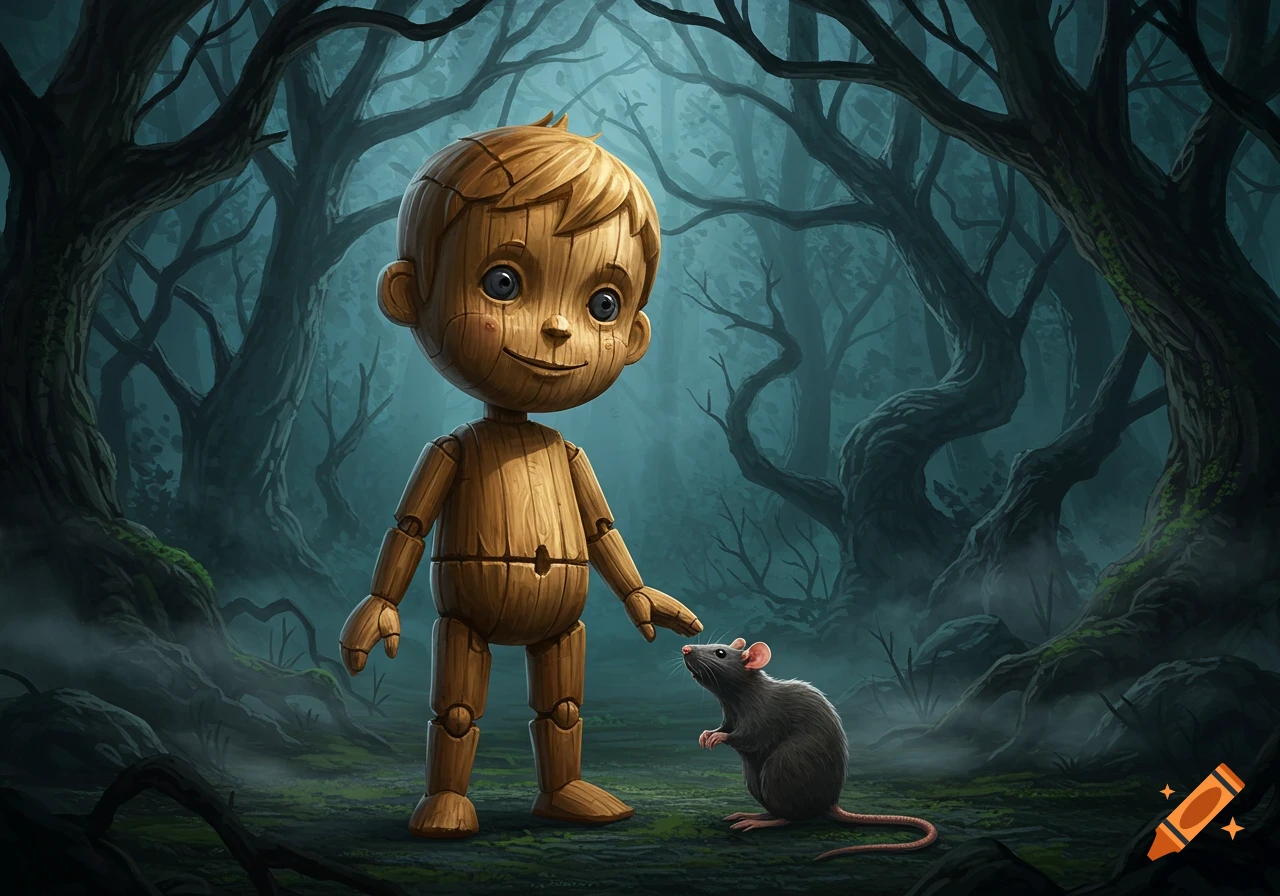 A wooden boy doll with a sly smile looks at a small rat in a dark, misty forest, concept art style.
