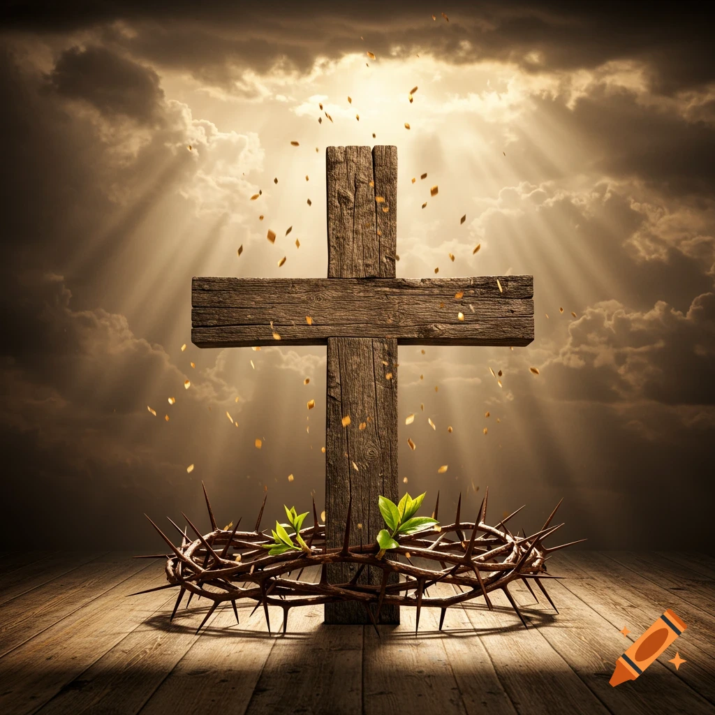 A rustic wooden cross stands on a wooden floor, with a crown of thorns at its base, under dramatic sunlit clouds with golden leaves falling.