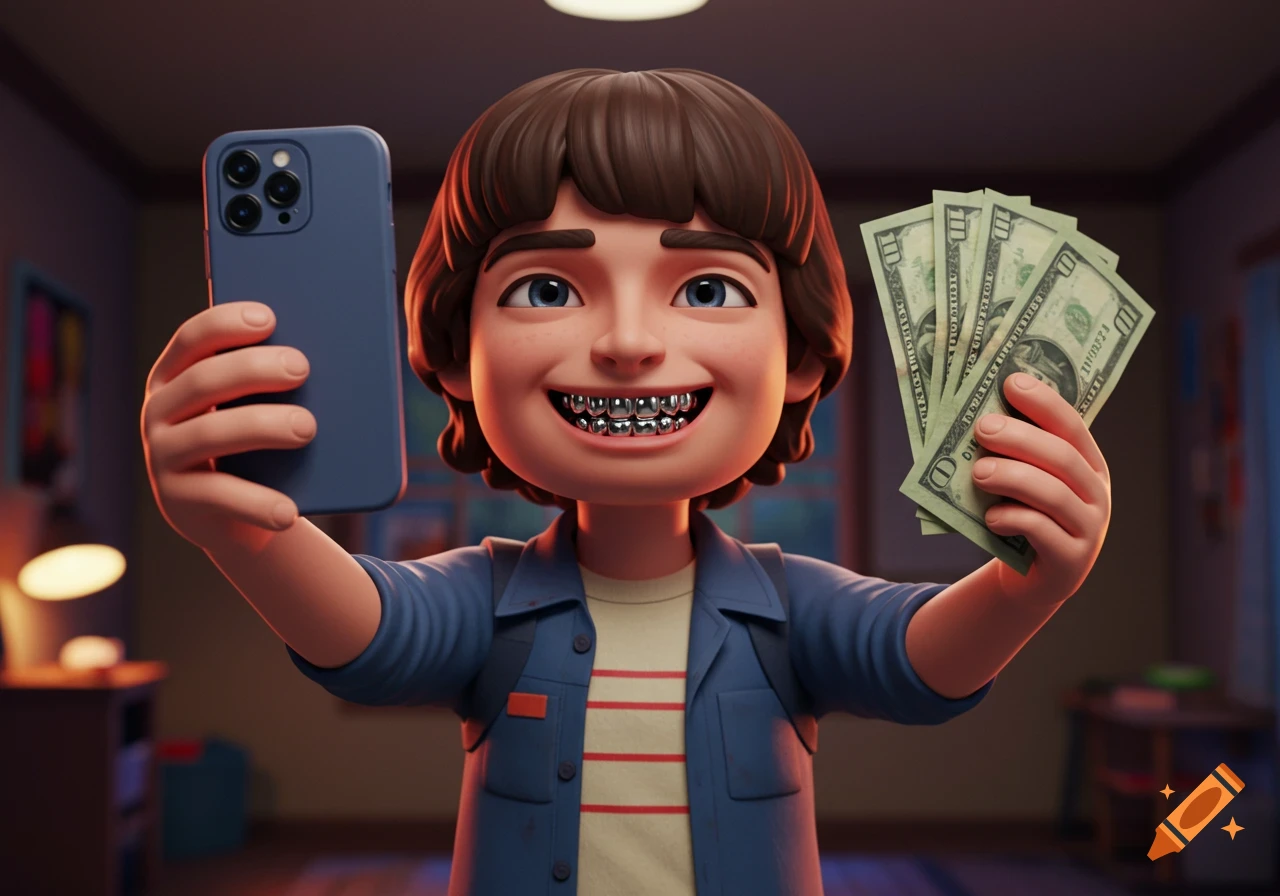3D cartoon boy resembling Will Byers, with braces and a wide smile, holding a blue smartphone and fanned money bills.