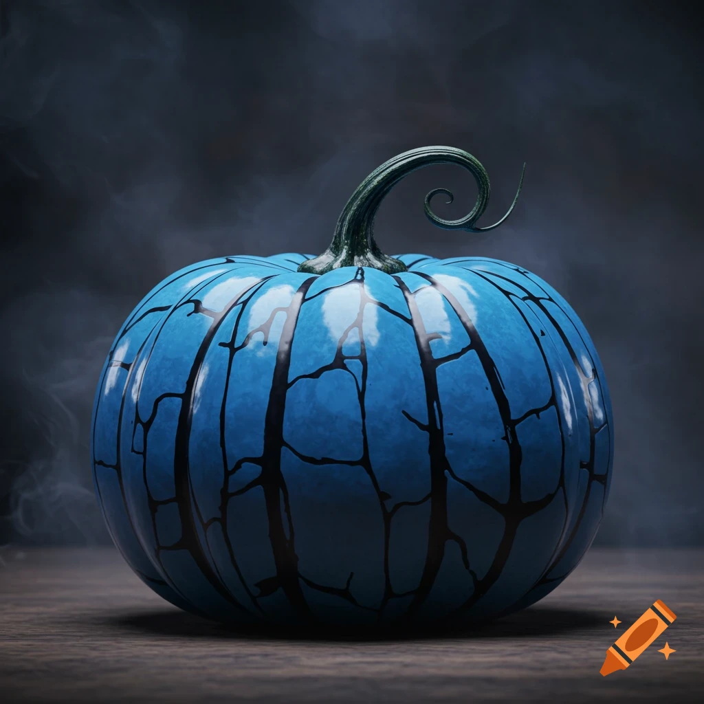 A vibrant blue pumpkin with intricate black crackle-like streaks and a green curled stem sits on a dark wooden surface with a smoky background.