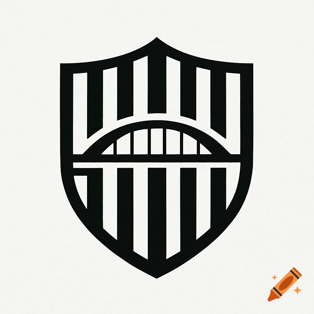 A black and white shield logo featuring vertical stripes and an arched bridge design in the center.
