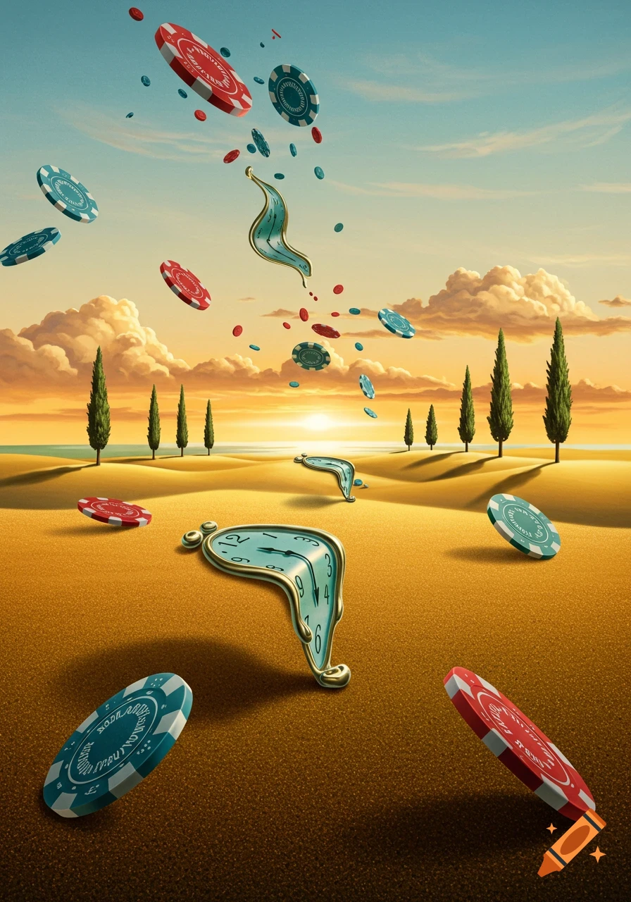 Surreal desert landscape with melting clocks and poker chips falling from the sky at sunset.