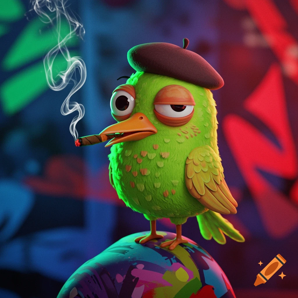 A vibrant green cartoon bird wearing a brown beret smokes a cigar while standing on a graffiti-covered surface in a 3D render.