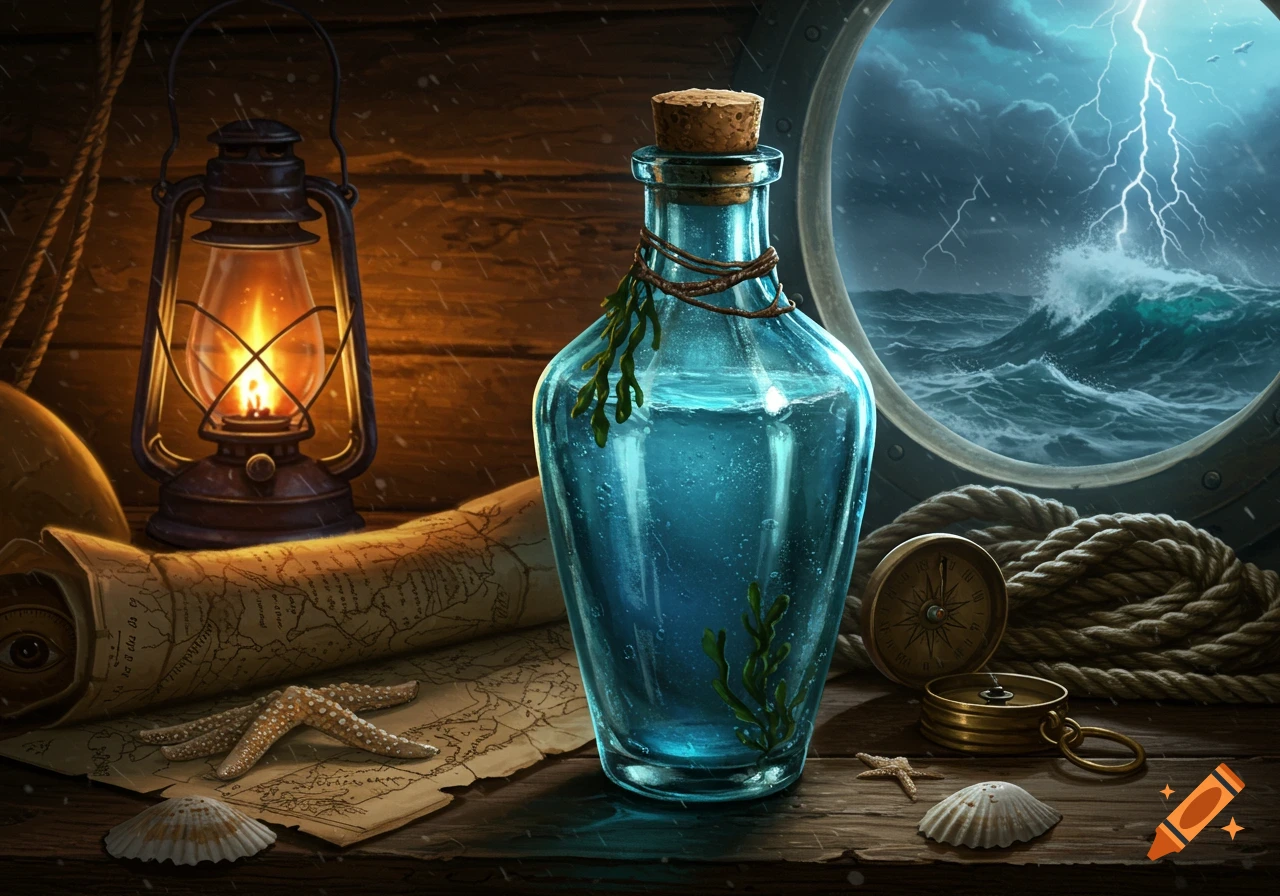 A blue bottle, lantern, map, and compass on a wooden table, with a stormy sea visible through a porthole.