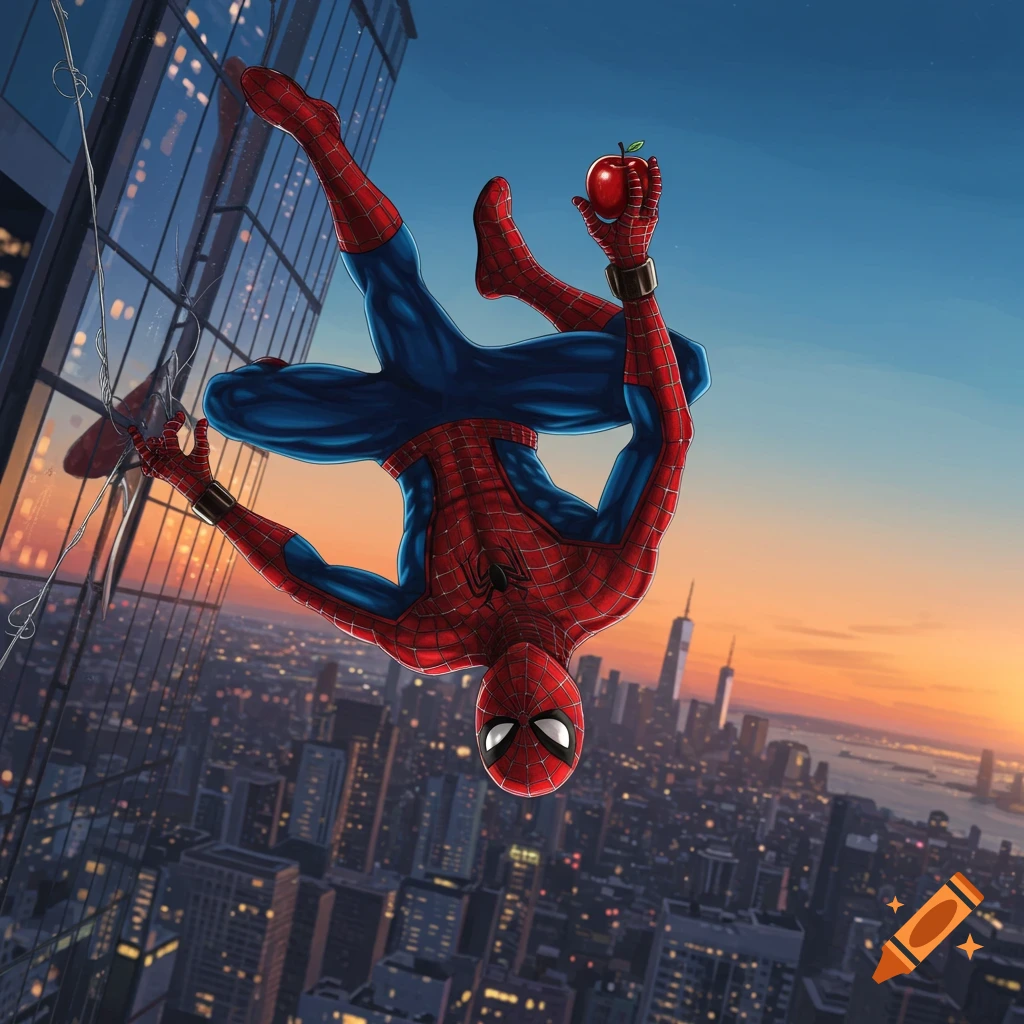 Spider-Man hangs upside down from a building, holding a red apple, with a city skyline at sunset in the background.