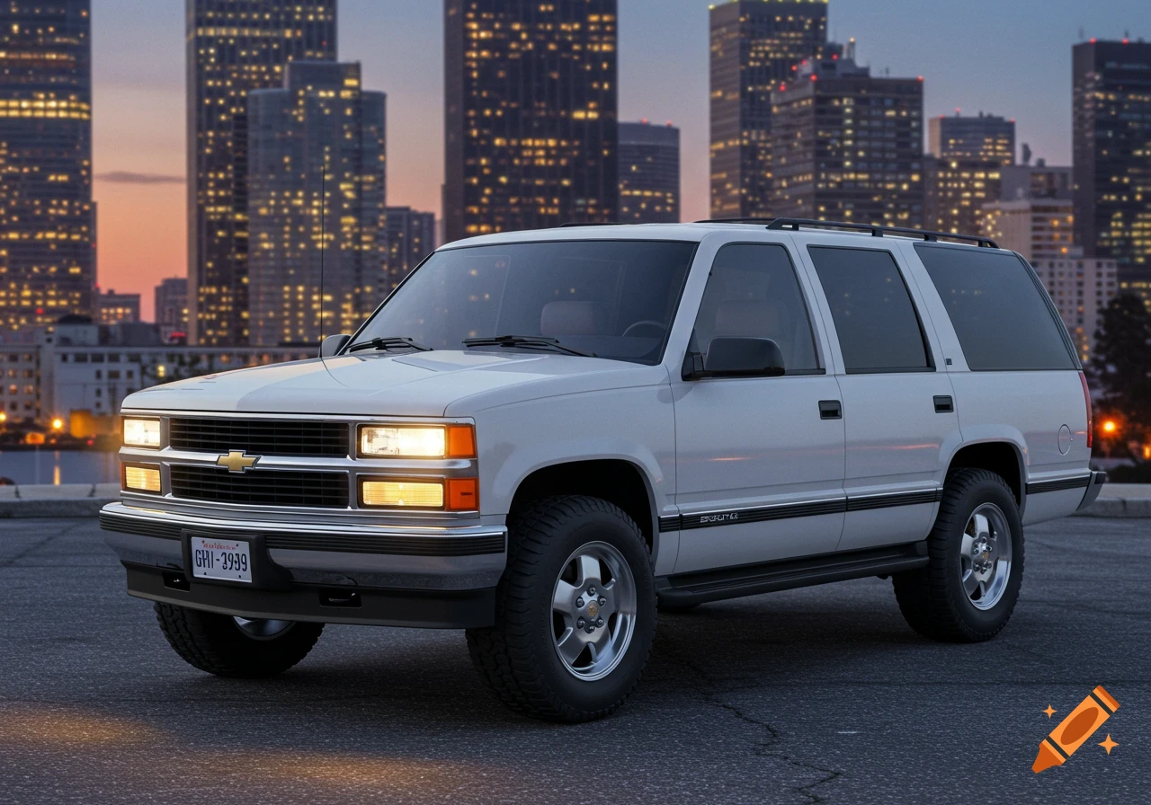 A white 1999 Chevrolet Suburban parked on an asphalt road with a city skyline and dusk sky in the background.