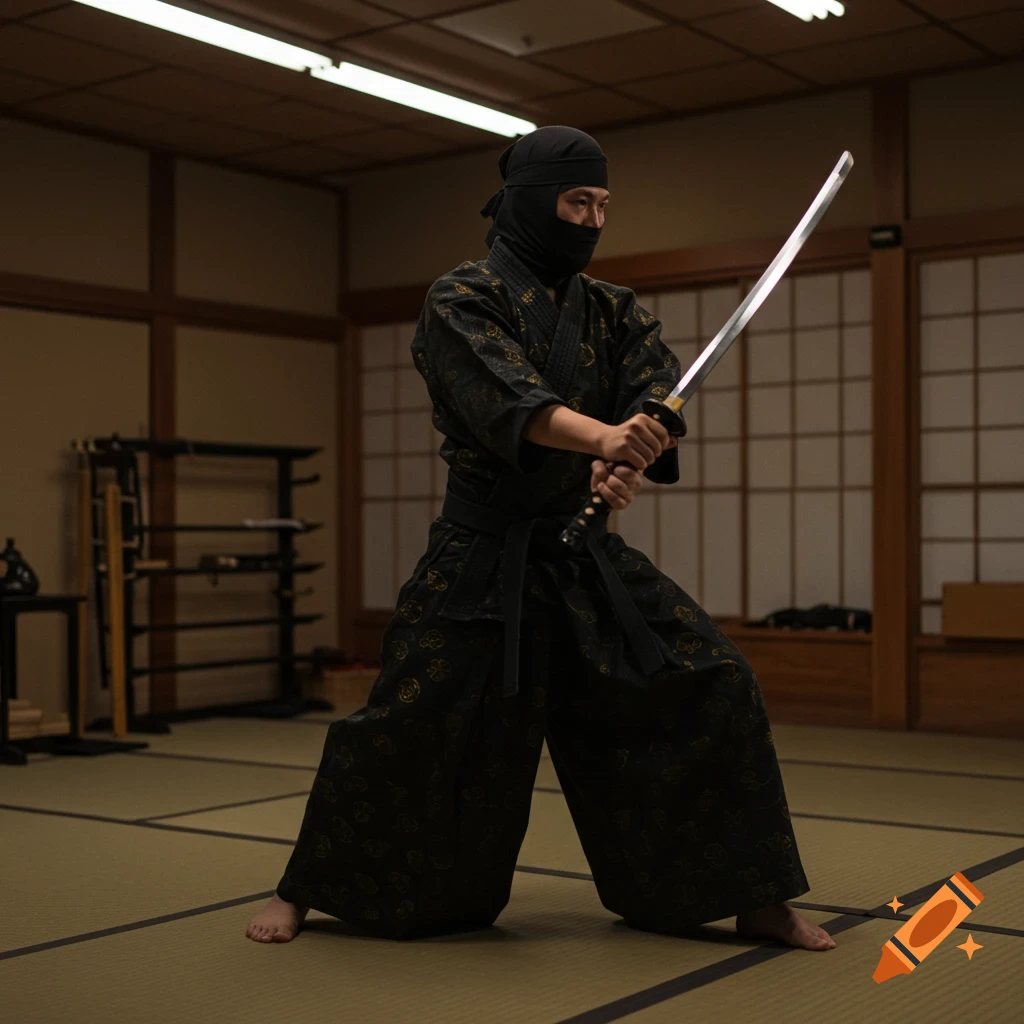 A ninja in a black outfit and mask, holding a sword in a fighting stance inside a traditional Japanese dojo.