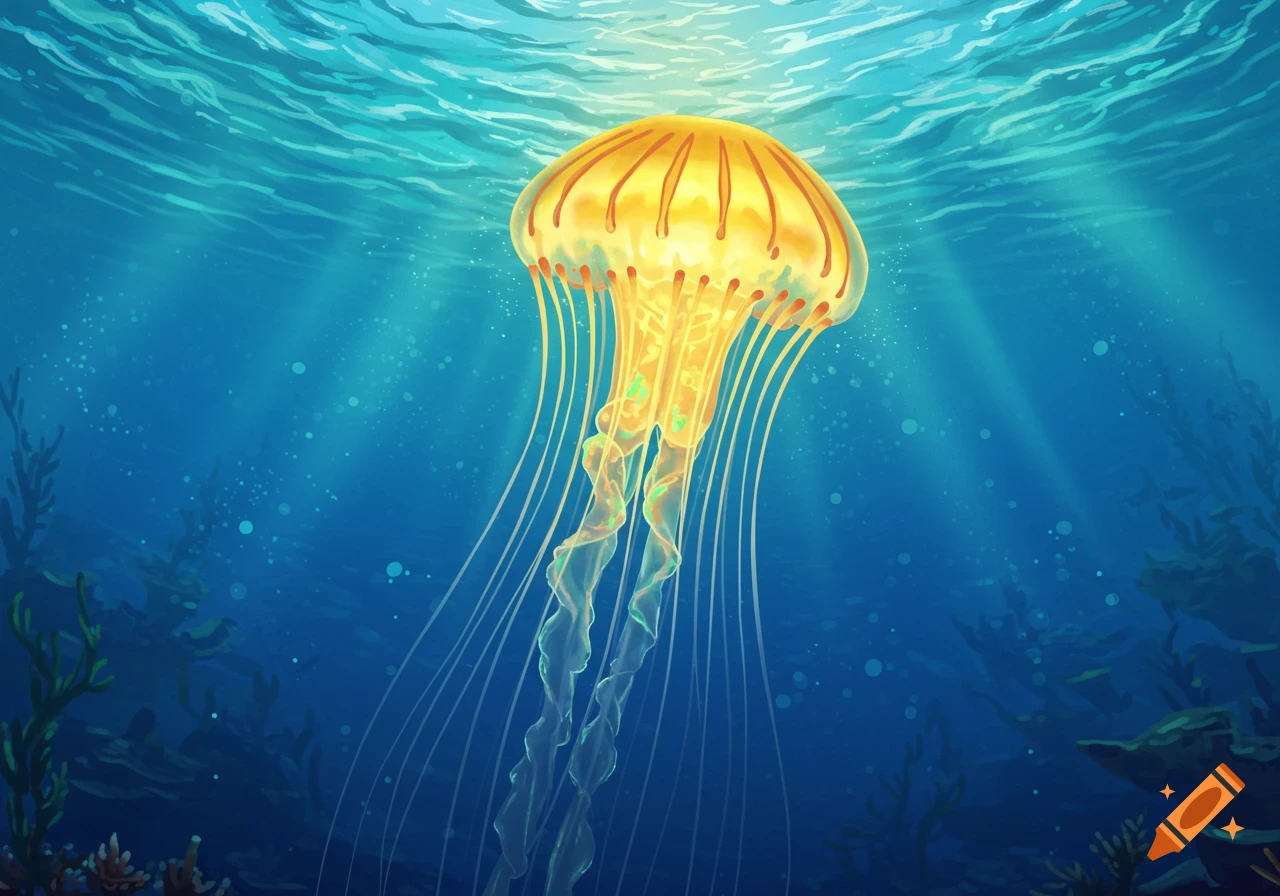 A vibrant golden jellyfish glows in a deep blue underwater scene, with sun rays piercing the surface and coral visible below.