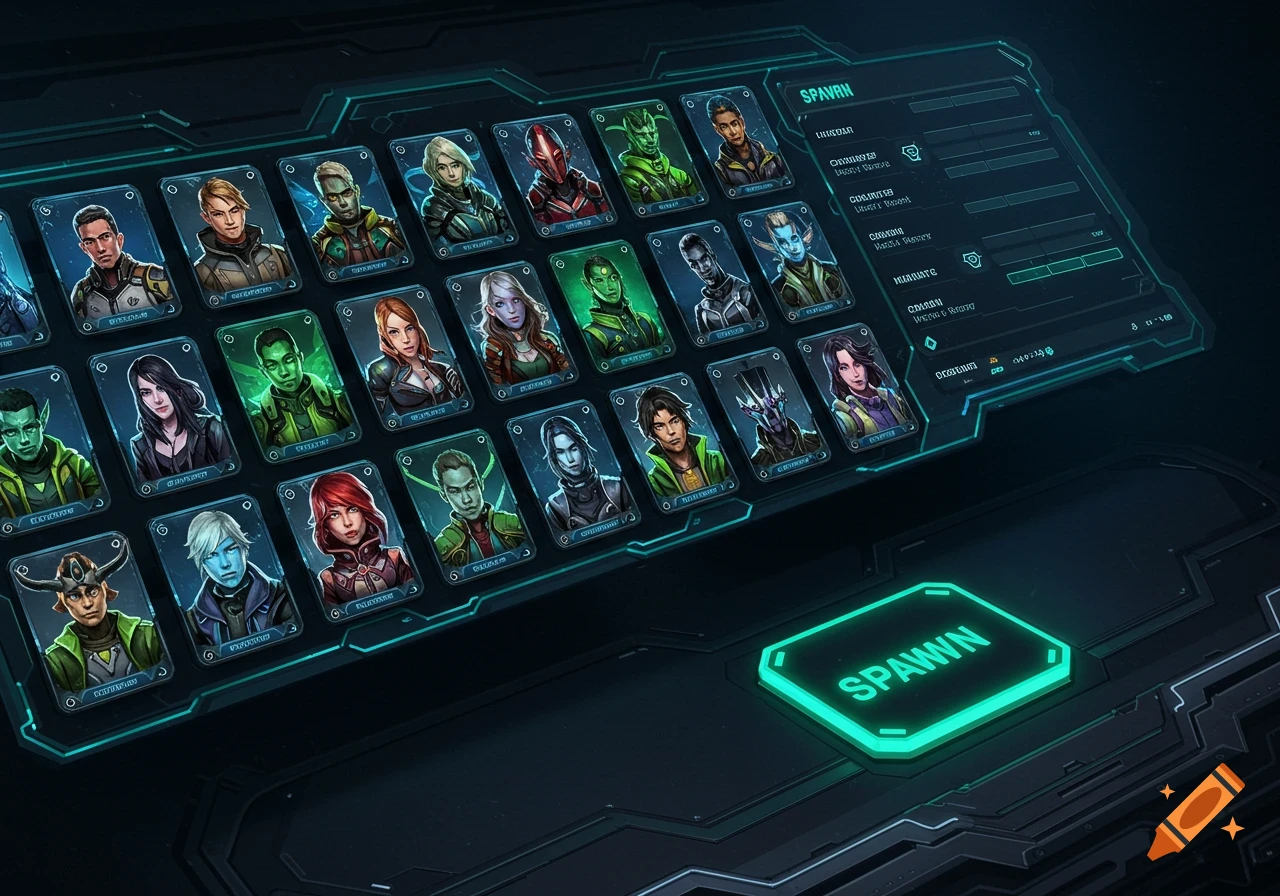 A futuristic character selection menu displaying multiple character portraits, a large 'SPAWN' button, and an information panel with details.