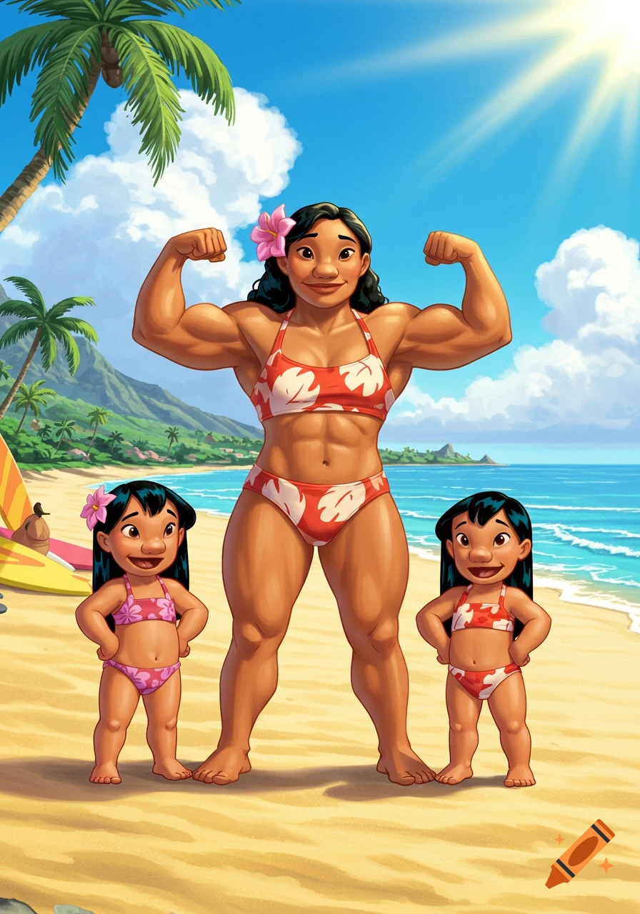 A muscular woman flexes alongside two young girls at a sunny beach, all in red and white swimsuits, in a cartoon style.