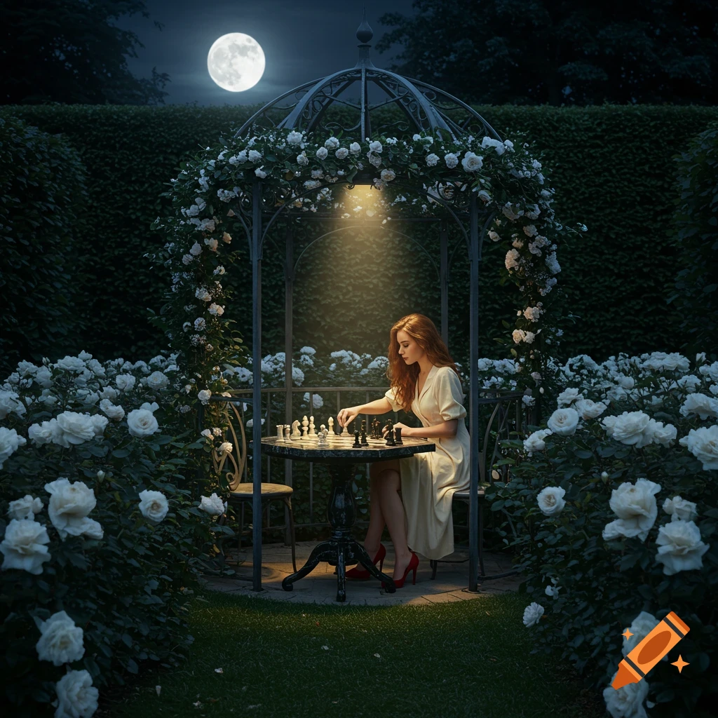 A woman with red hair plays chess under a lamp in a rose-covered gazebo at night, bathed in moonlight.
