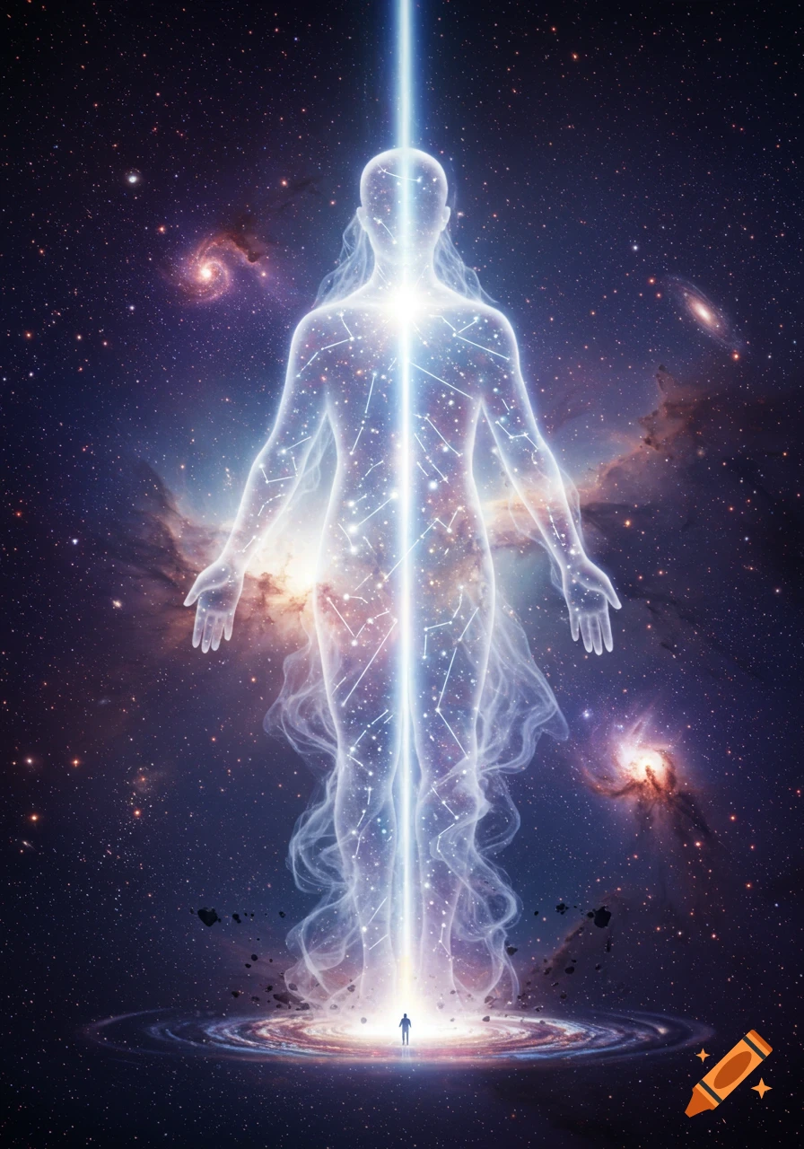A glowing, ethereal human figure made of stars and light stands in deep space, with a bright beam connecting to a tiny person below.