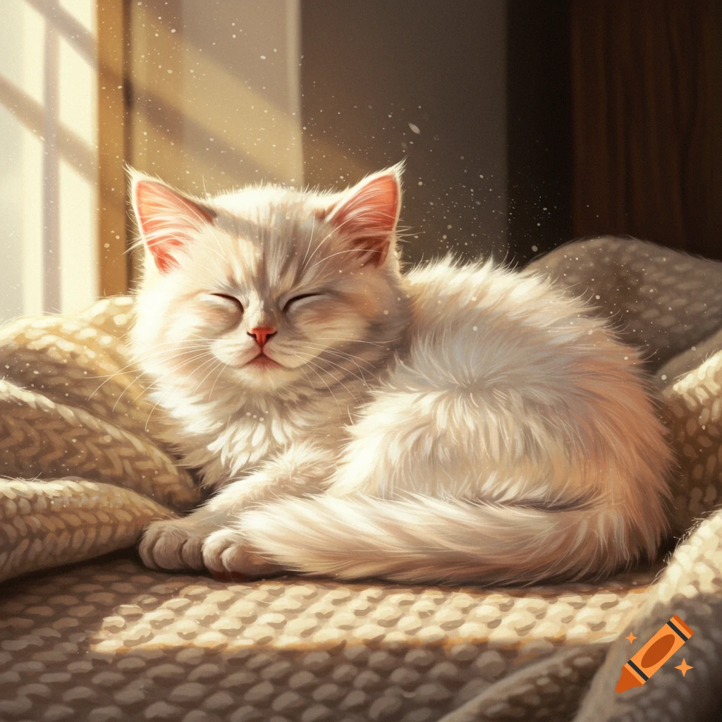 A fluffy white kitten sleeps contentedly on a knitted blanket in a sunbeam.