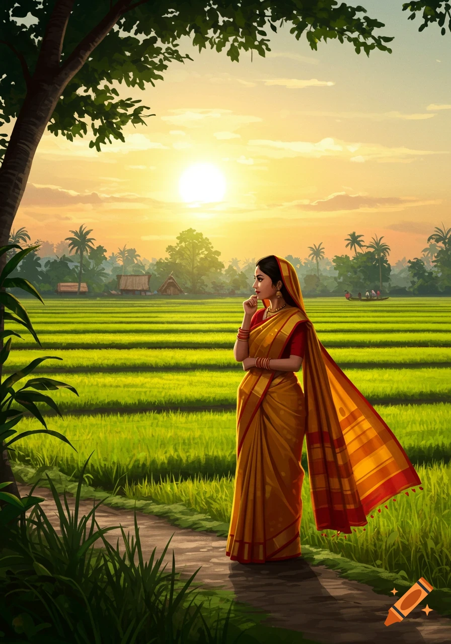 A woman in a golden sari stands on a path beside green rice fields at sunset, with trees and huts in the background, in an artistic style.