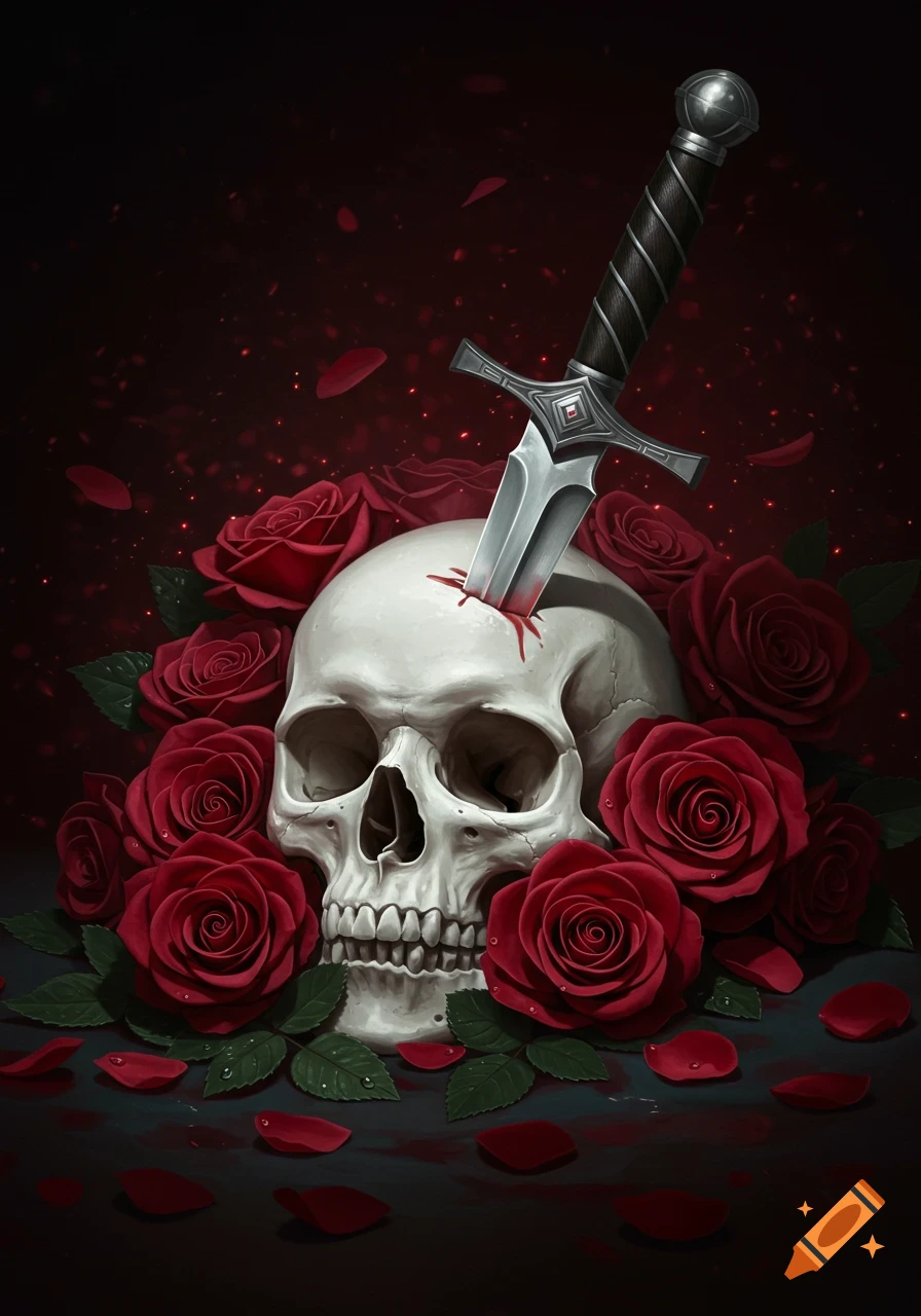 A white skull with a dagger piercing its top, surrounded by red roses and fallen petals, rendered in a dark fantasy style.