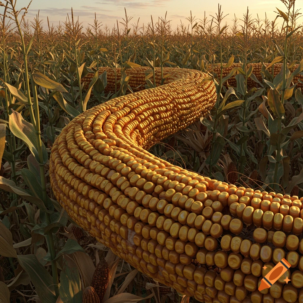 A giant, curved corn cob winds through a golden cornfield at sunset.