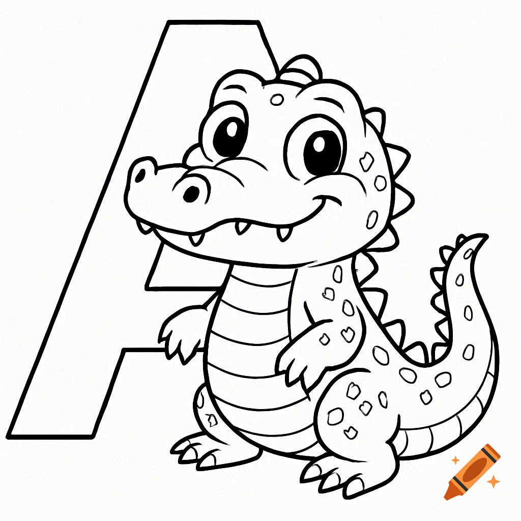 Black and white coloring page featuring a cute cartoon alligator with a large letter A behind it.