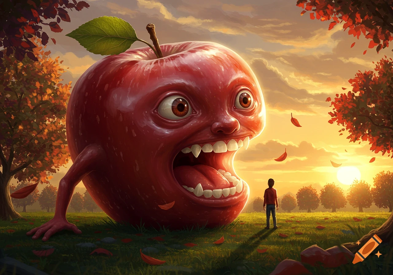 A monstrous, giant red apple with a human-like face and arms stands in an autumnal field, its mouth wide open facing a small human figure under a sunset sky.