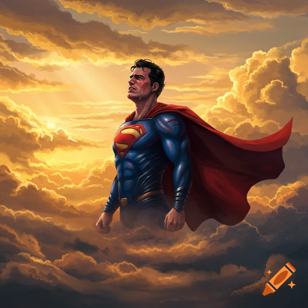 Superman, with tears on his face, looks upward, enveloped by dramatic golden and orange clouds in a comic art style.