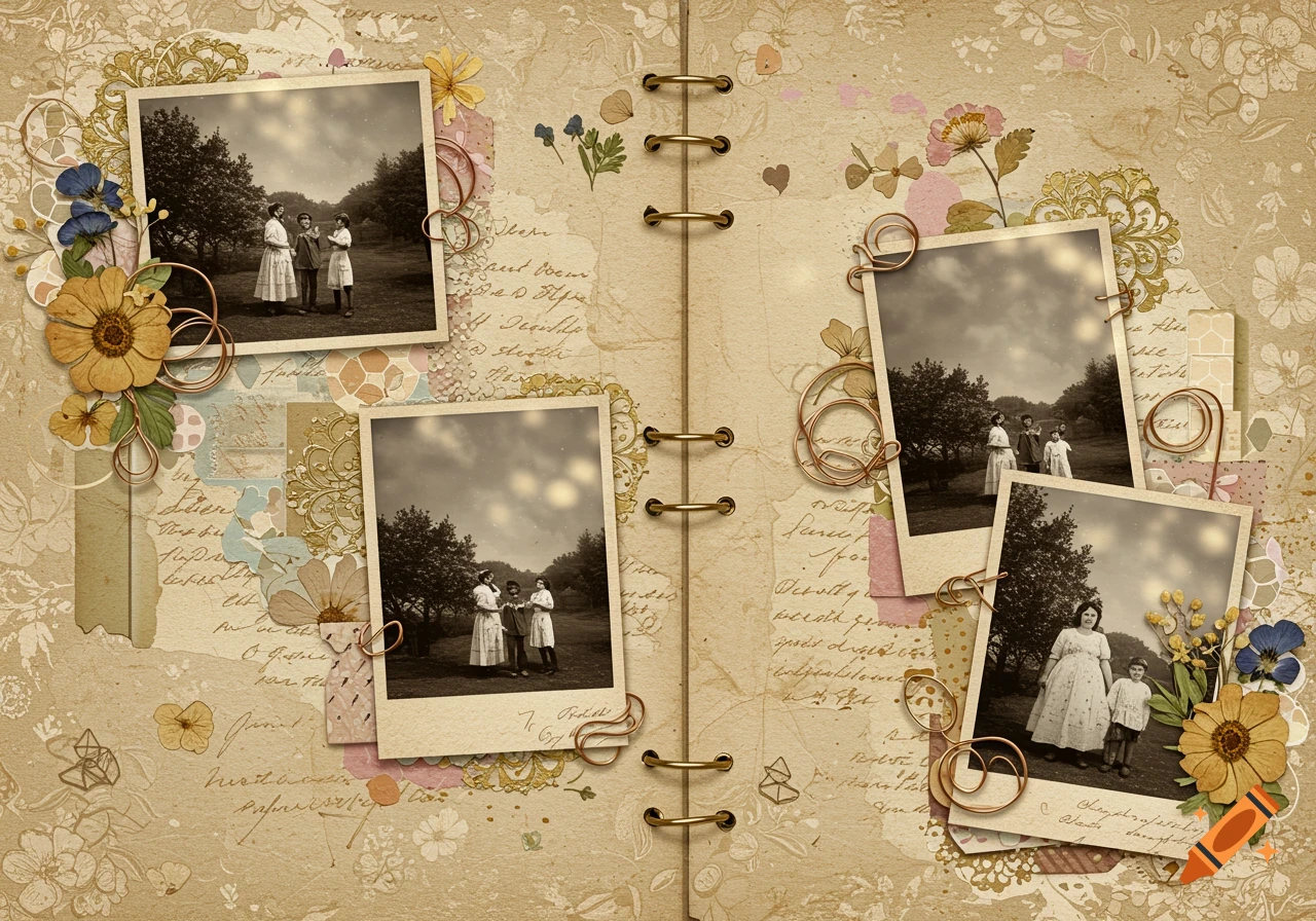 Vintage scrapbook page with sepia-toned family photos, decorated with flowers and paper clips.