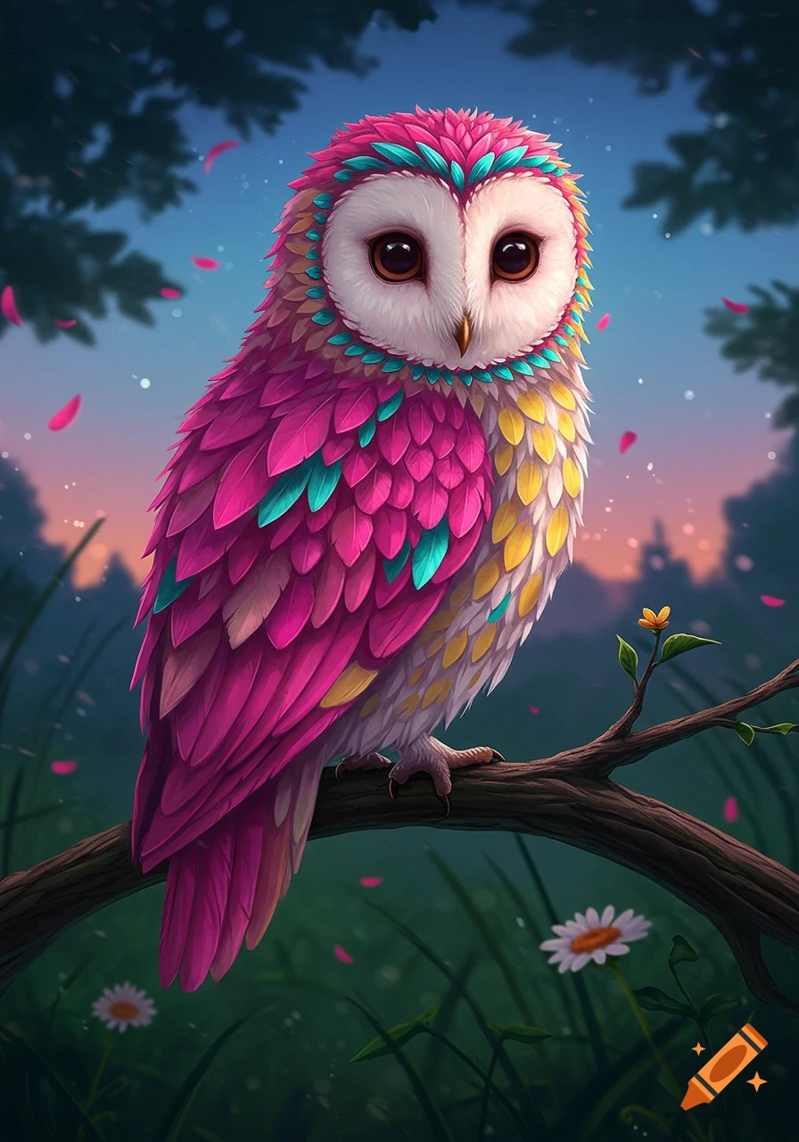 A brightly colored owl with pink, yellow, and blue petals for feathers, perches on a branch in a magical forest at dusk.