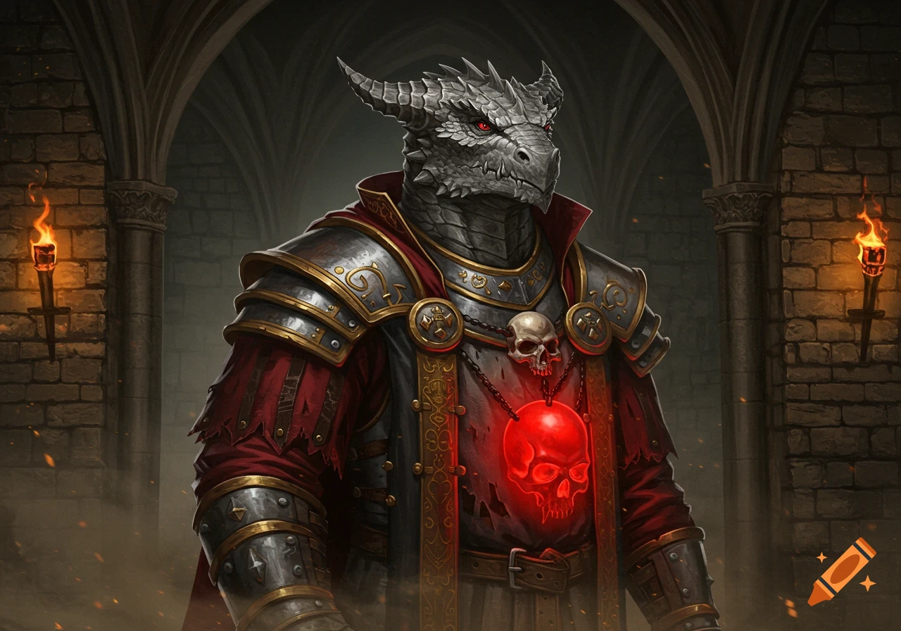 A gray dragonborne in worn red and silver armor, wearing a glowing red skull amulet, stands in a stone chamber illuminated by torches.