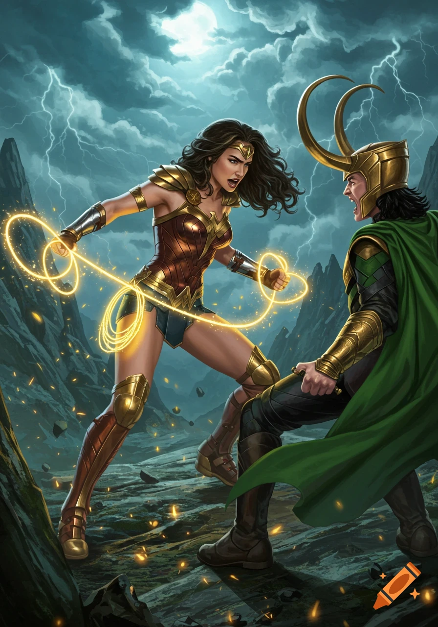 Wonder Woman uses her golden lasso against Loki in a dramatic battle under a stormy, lightning-filled sky.