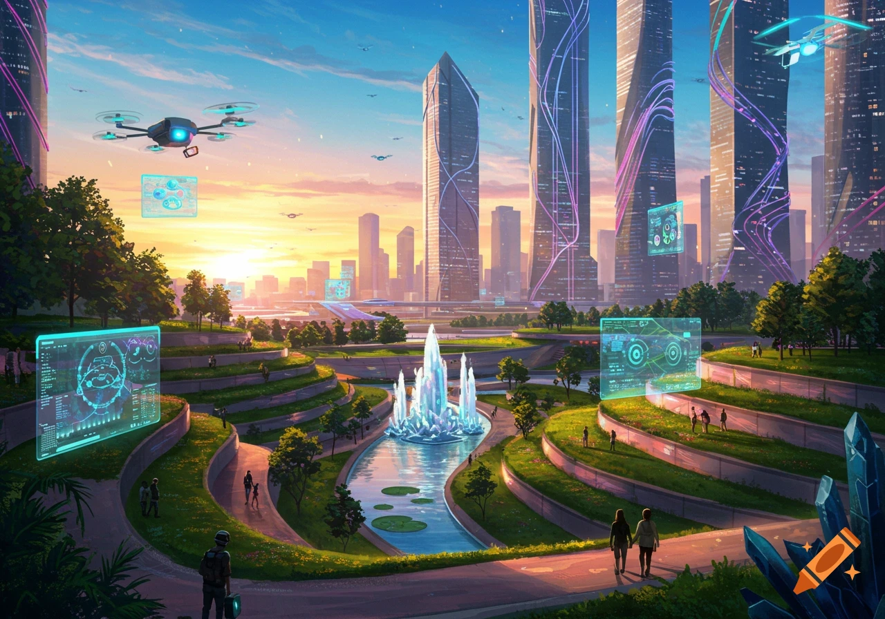 Vibrant futuristic city at sunset with towering buildings, green terraced parks, a crystal fountain, drones, and holographic displays.