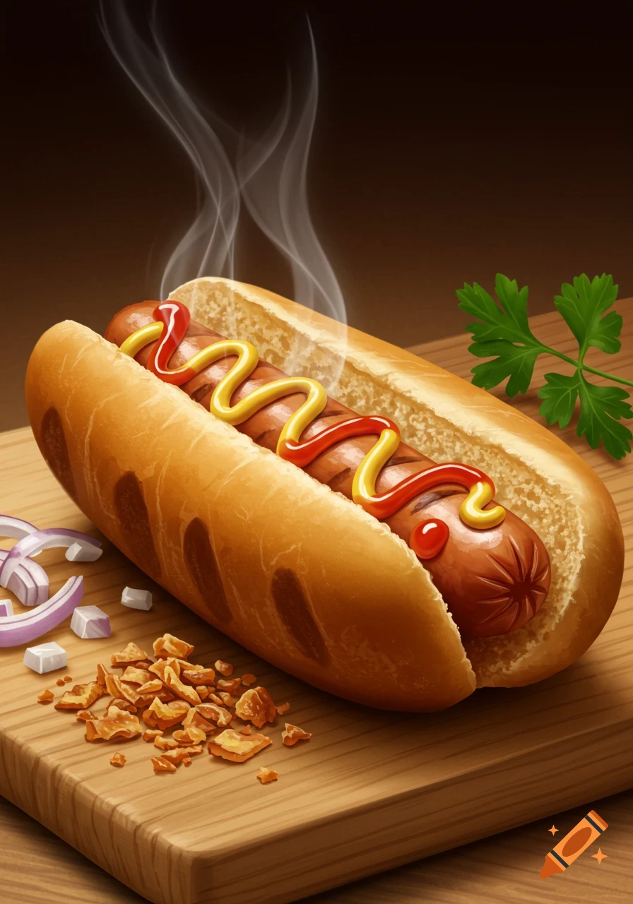 A steaming hot dog with mustard and ketchup in a bun, on a wooden cutting board with sliced red onion, crispy bits, and parsley.