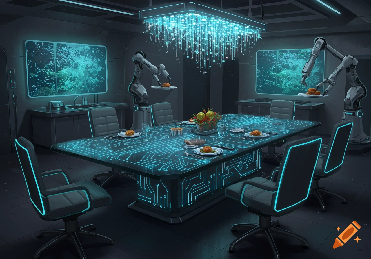 A futuristic dining room with a glowing circuit-patterned table, robotic arms serving food, and a shimmering blue chandelier.