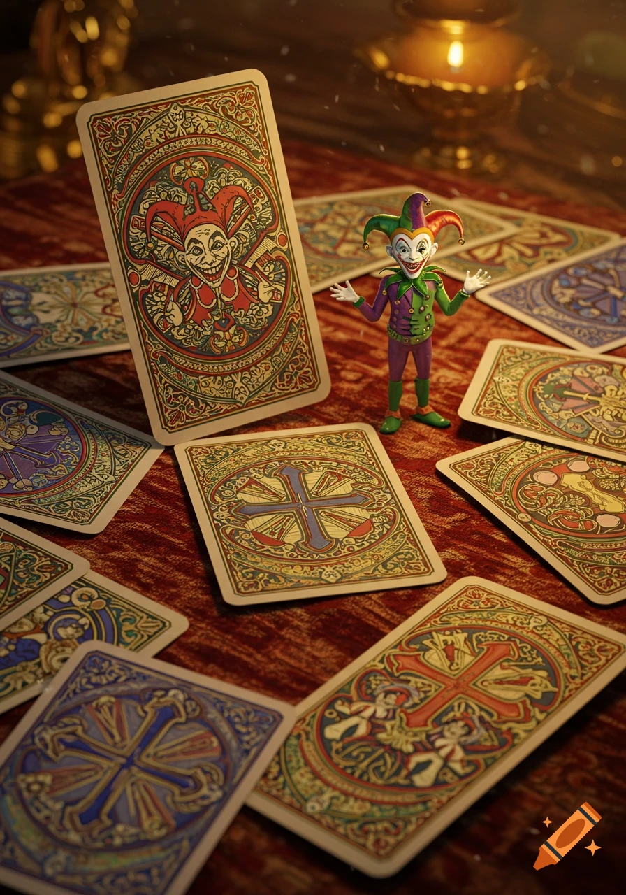 A small jester figurine stands among several ornate playing cards on a red textured surface, under warm light.