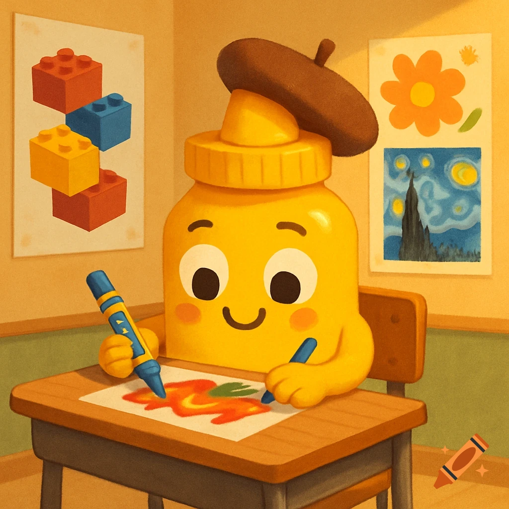 A cute cartoon mustard bottle drawing at a desk in an art classroom, with Lego and Van Gogh posters on the wall.