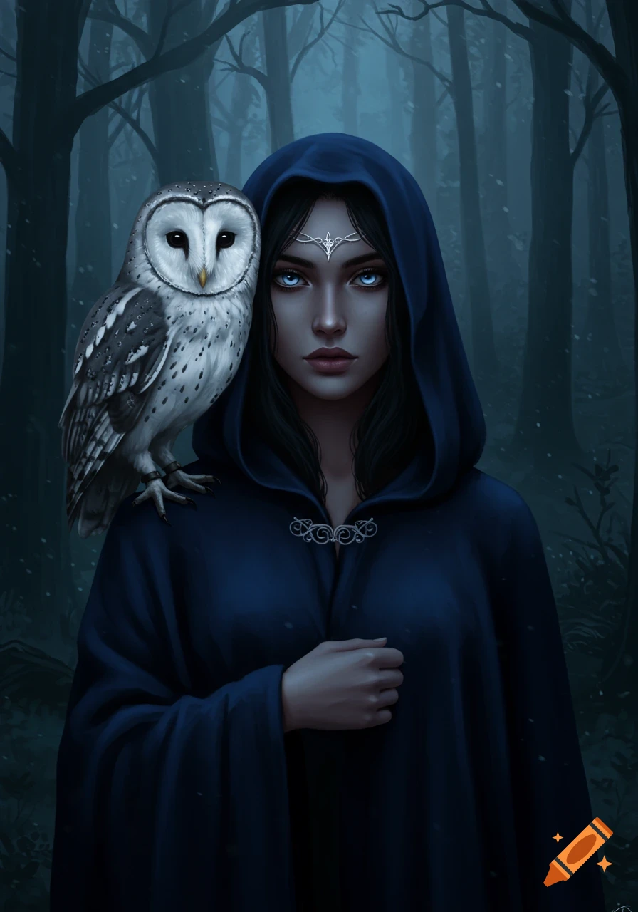 A stylized illustration of a woman in a dark hooded cloak with a white owl on her shoulder, standing in a dark forest.