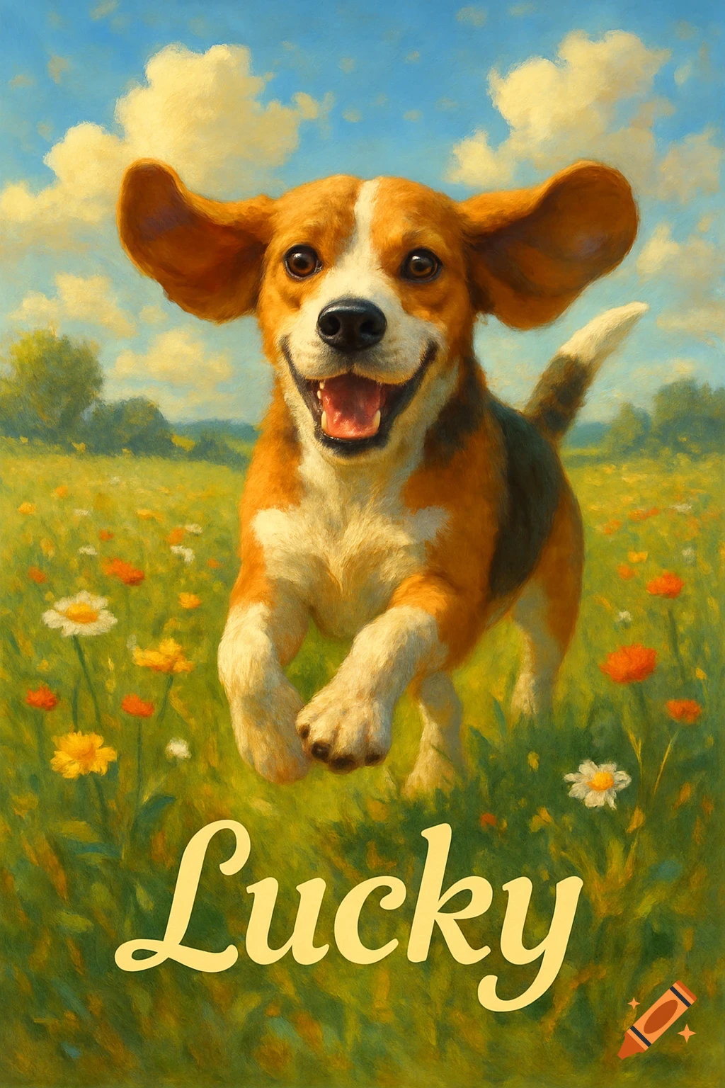 A happy beagle dog with floppy ears runs through a sunny, wildflower-filled meadow in a vibrant, painterly style.