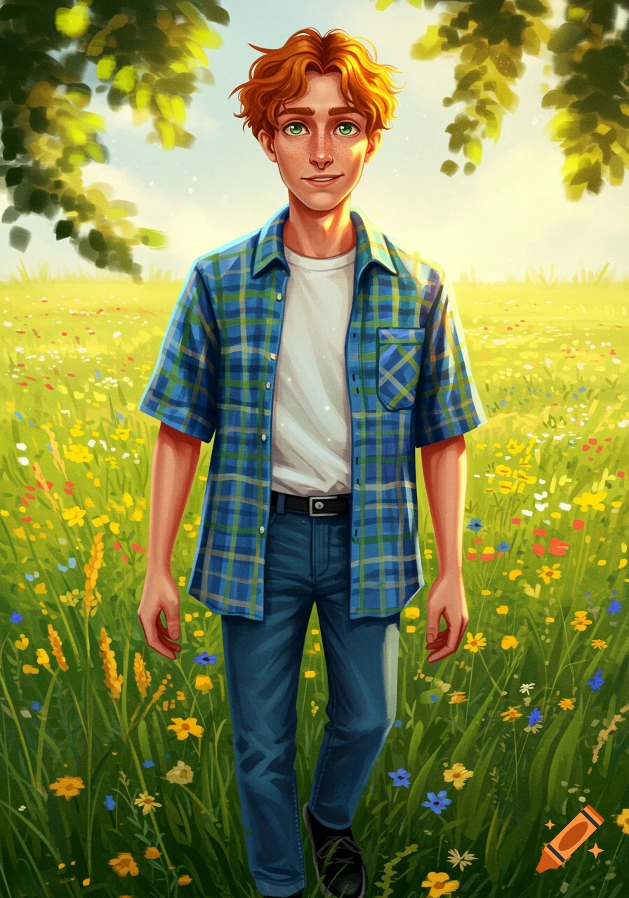 A red-haired man with green eyes in a plaid shirt stands in a sunny field of wildflowers. Stylized illustration.