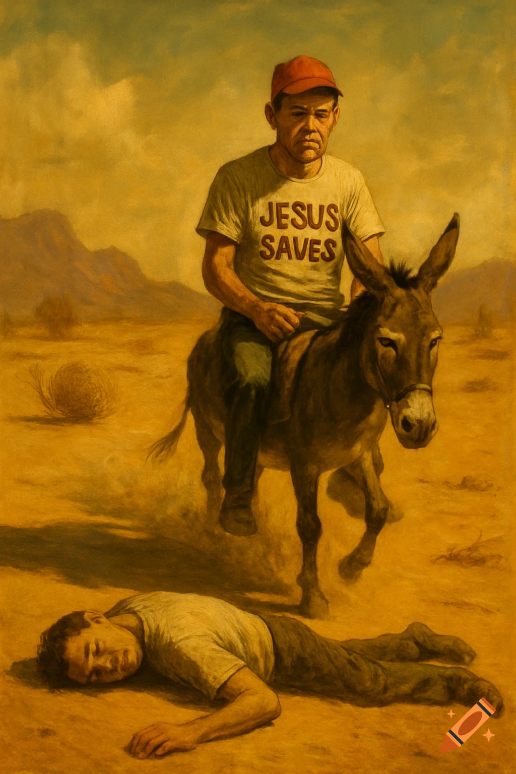 A painting of a man on a donkey riding past another man lying unconscious in a desert. The rider wears a red cap and a 'JESUS SAVES' shirt.