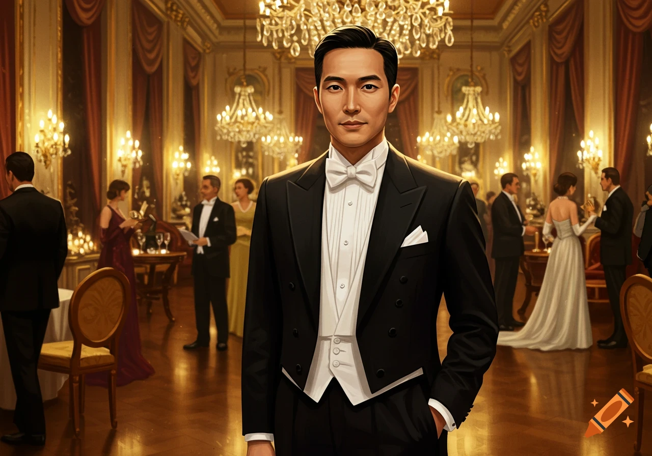 A photorealistic image of an Asian man in a black tuxedo with a white bow tie standing in a grand ballroom.