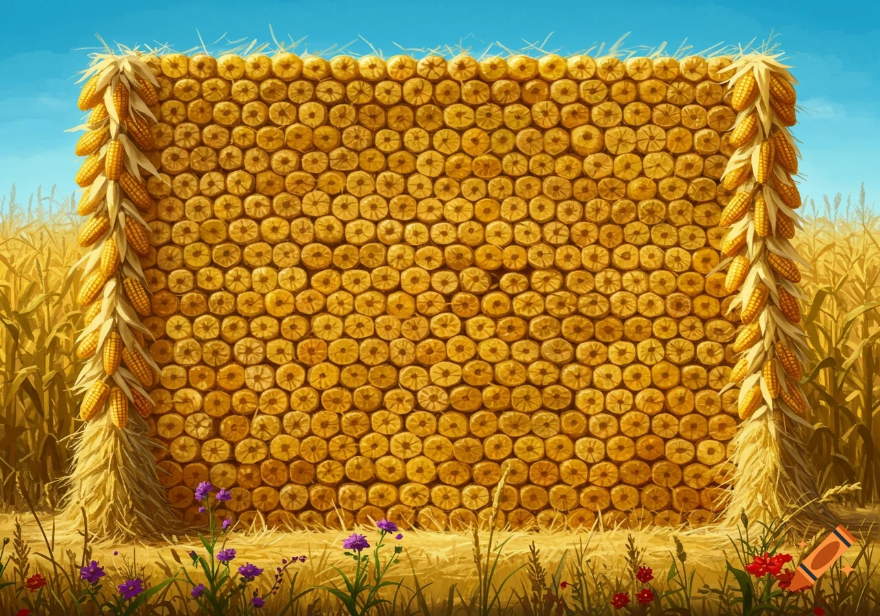 A large wall constructed from stacked corn cobs stands in a golden field under a blue sky, flanked by decorative pillars of whole corn.