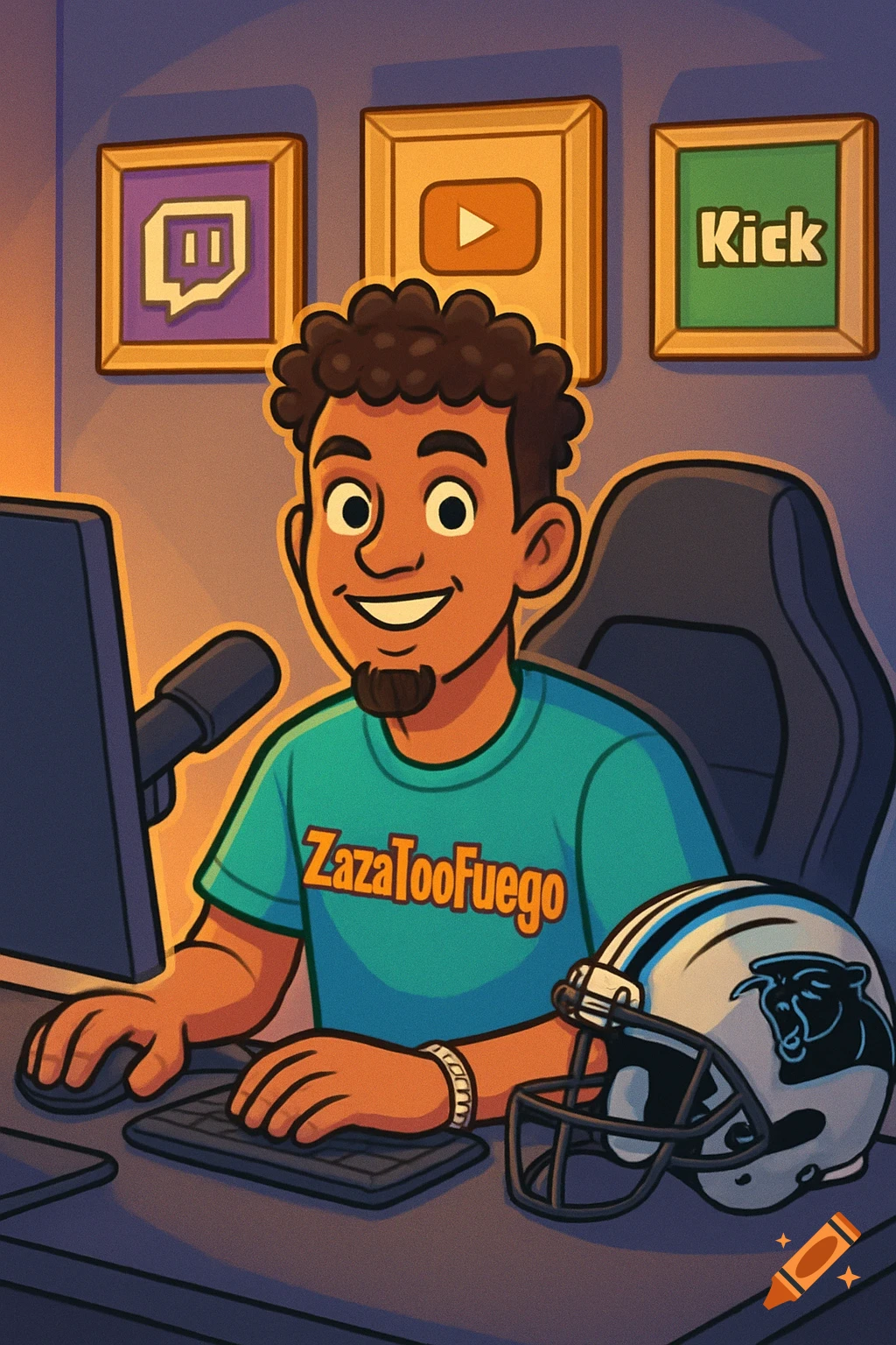 Cartoon of a young man with curly hair and a goatee sitting at a computer desk. He wears a turquoise shirt with 'ZazaTooFuego', with Twitch, YouTube, and Kick plaques on the wall. A Carolina Panthers helmet is on the desk.