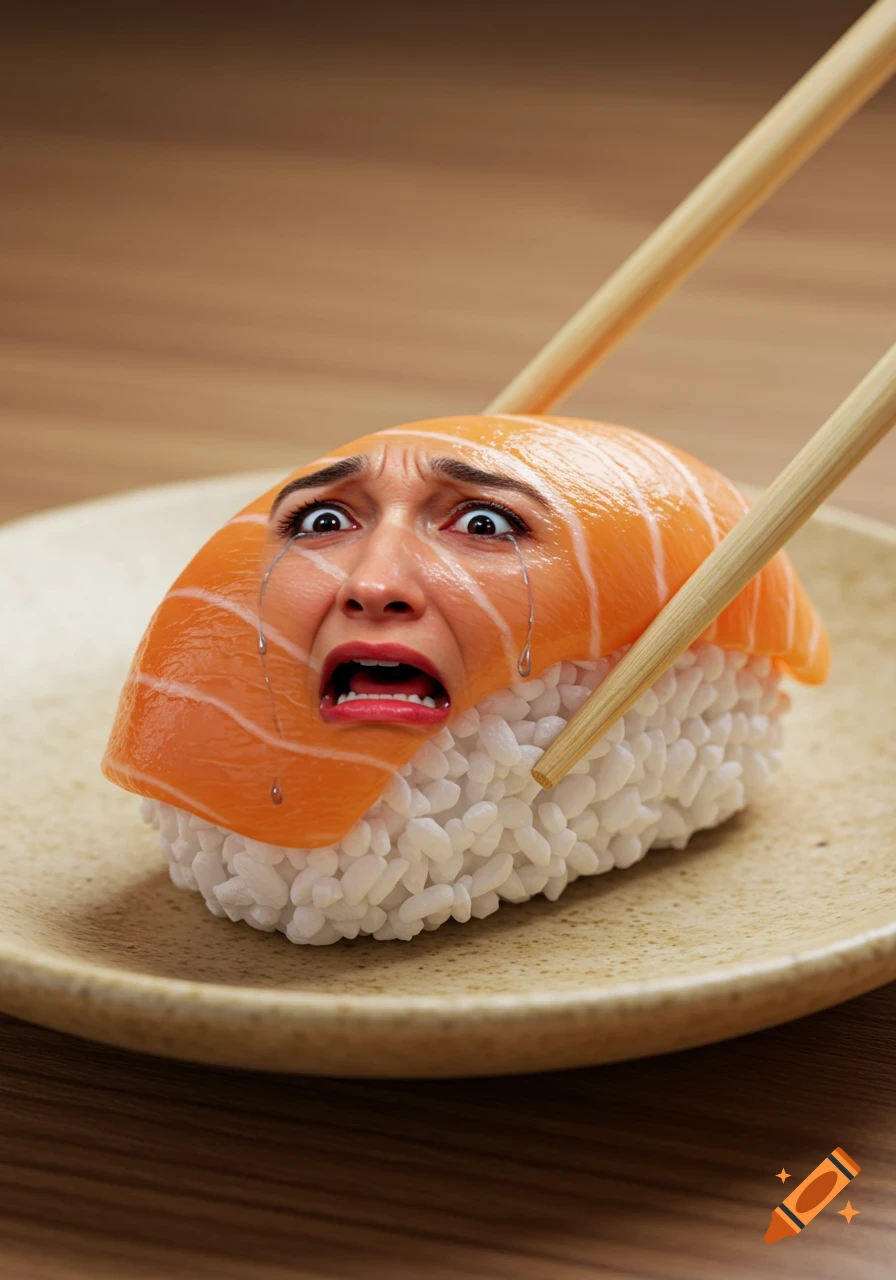 Close-up of a photorealistic salmon nigiri sushi with a distressed, crying human face on it, approached by chopsticks.