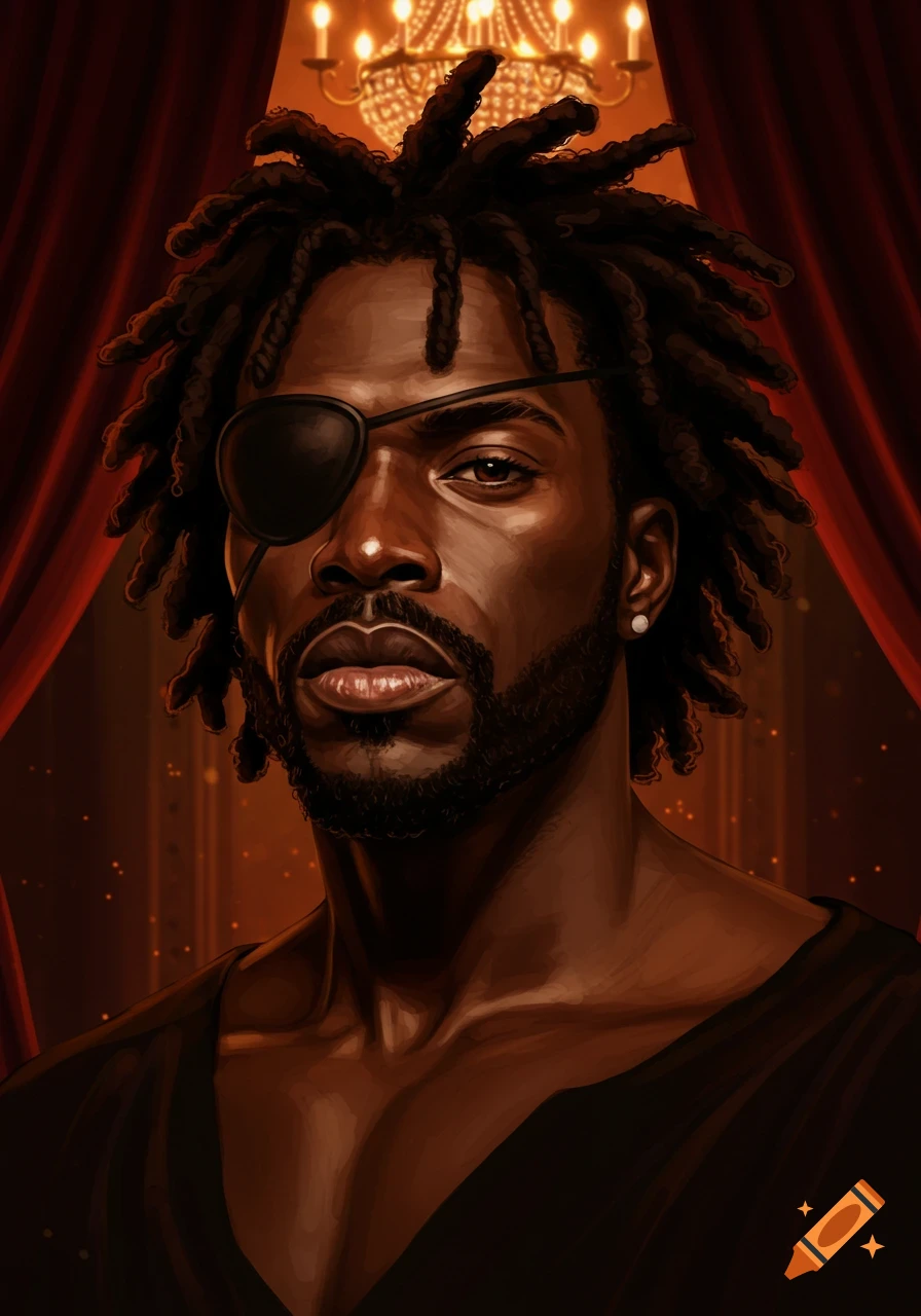 A striking portrait of a Black man with dreadlocks and an eye patch, against a red curtain background with a chandelier.