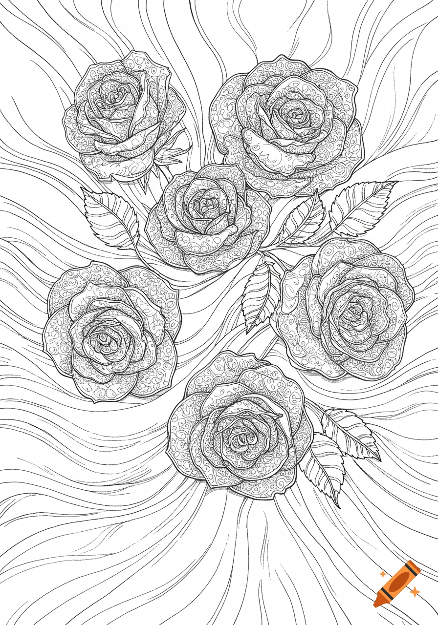 A black and white coloring page featuring a bouquet of detailed metal roses with intricate patterns and leaves, against a wavy background.