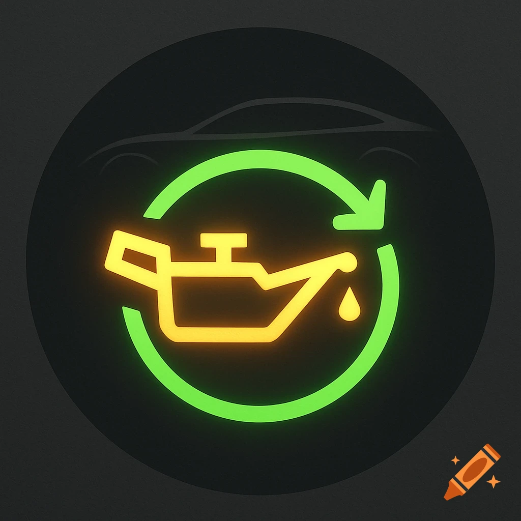 A bold, minimalistic glowing oil can dashboard icon with a green circular reset arrow, on a dark background with a subtle car outline.