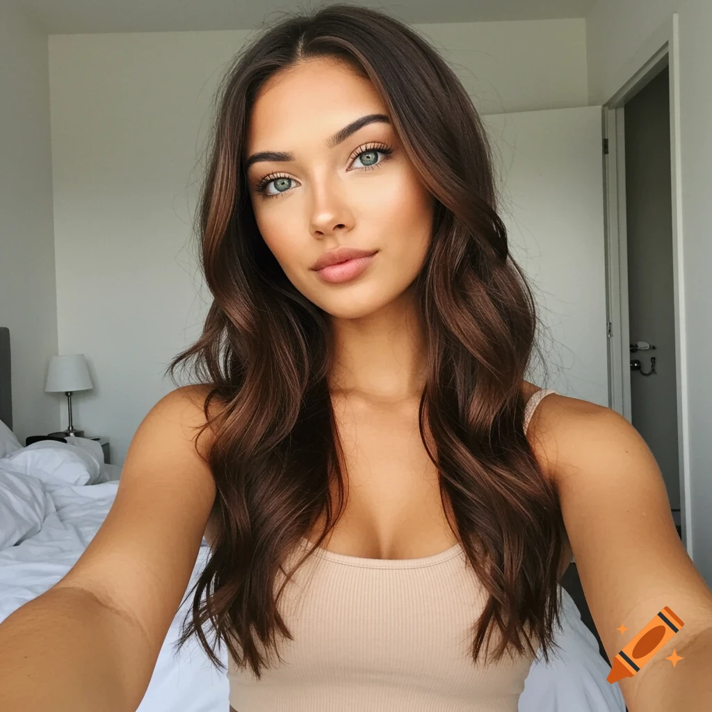 Close-up selfie of a young woman with long brown hair and green eyes wearing a beige tank top in a bedroom.