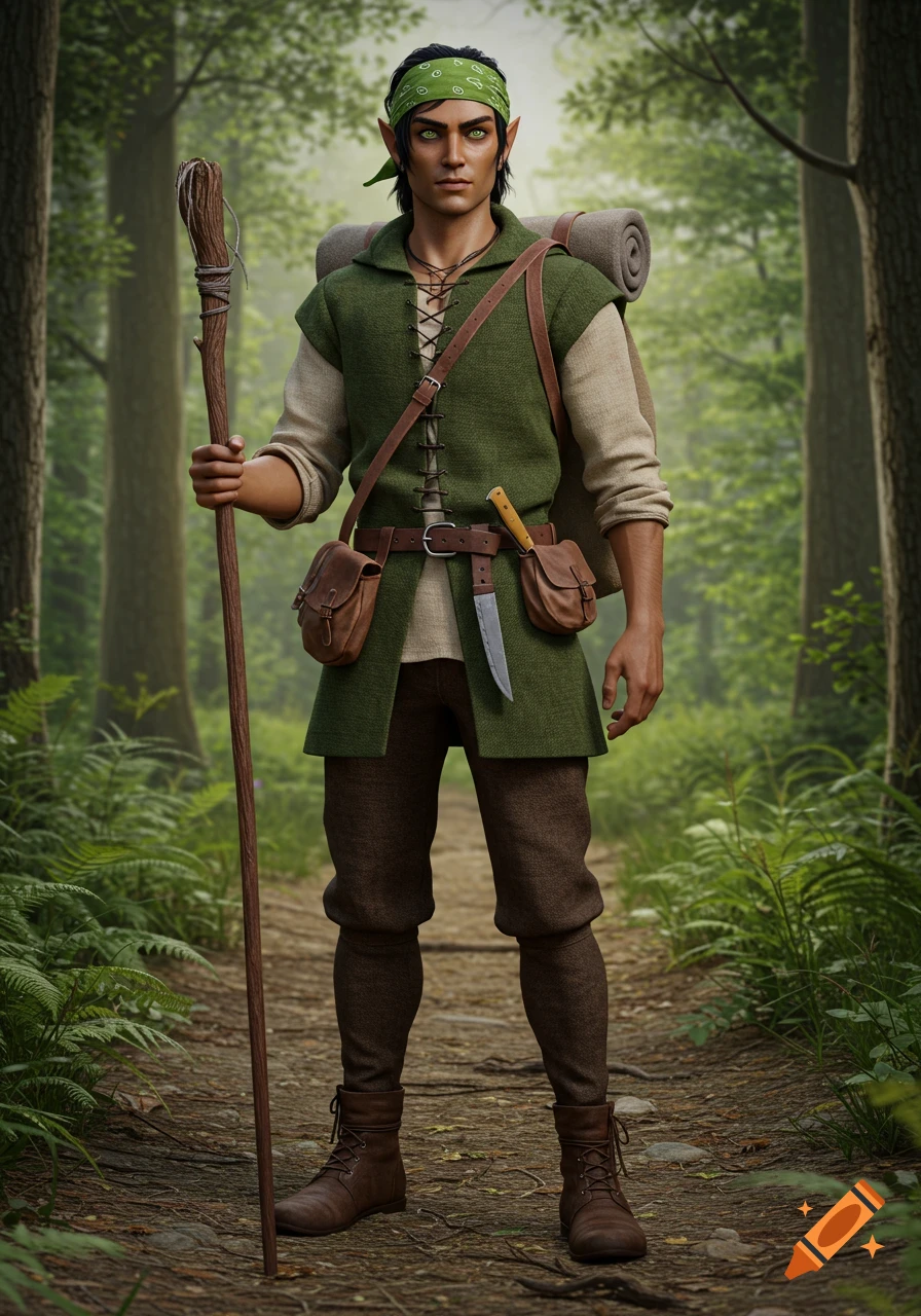 A photorealistic half-elf man with green eyes and a bandana stands on a forest path, holding a walking stick and wearing green and brown adventurer's clothes.