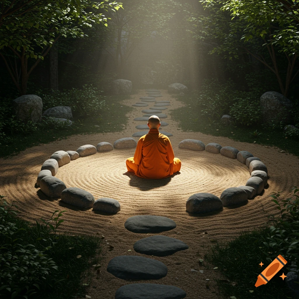 A monk in an orange robe sits meditating in the center of a circular rock formation in a raked zen garden, bathed in sunlight.