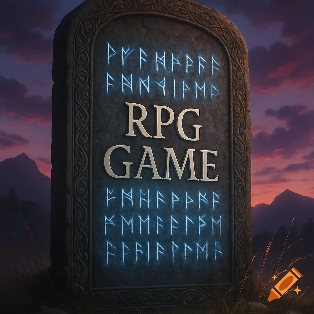 A stone tombstone with 'RPG GAME' and glowing runes against a sunset mountain landscape, designed as an RPG title screen.